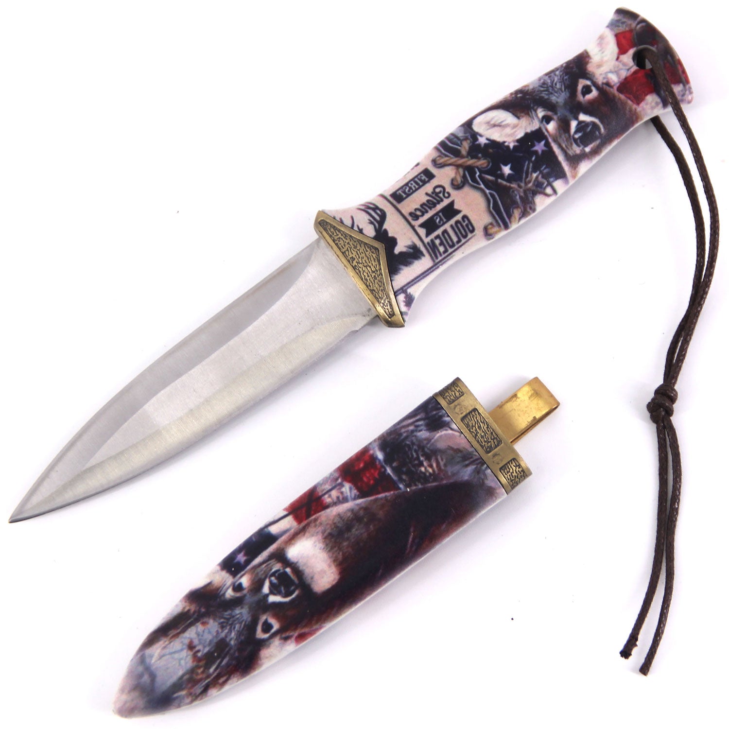 8 Inch Double Edge USA Flag with Deer Boot Knife With Clip Collectible Weapons - Tophatter Daily Deals