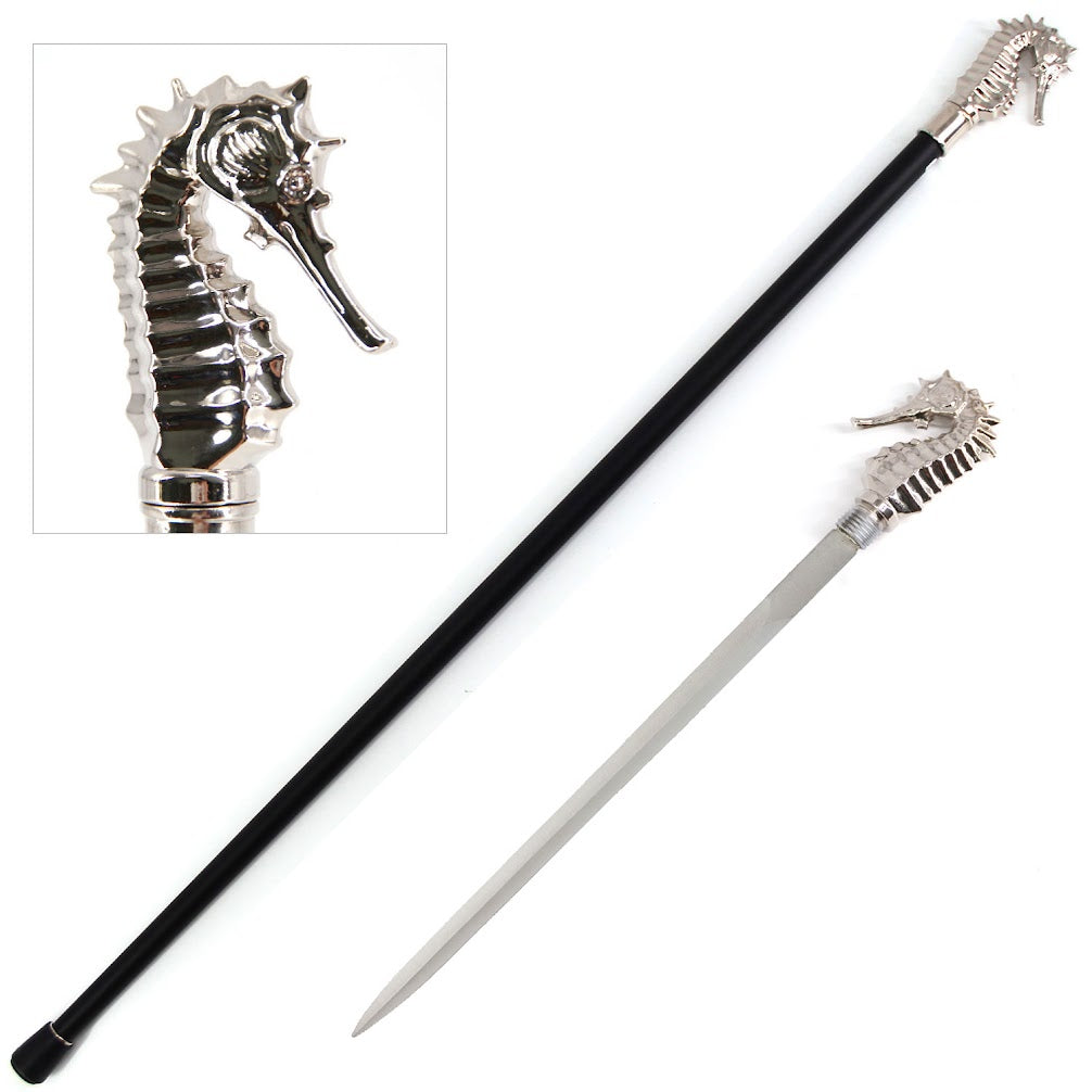 Silver Luxury Hippocampus Sea Horse Handle Cane Sword Collectible Weapons - Tophatter Daily Deals