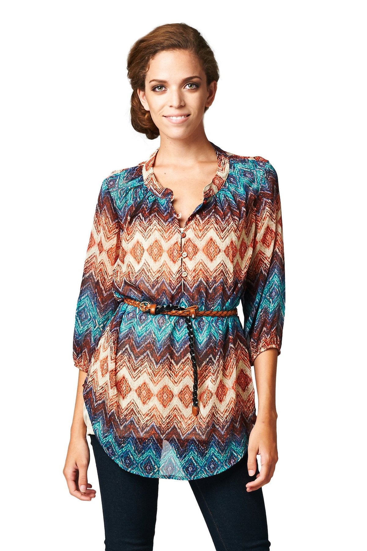 Women's Brown & Teal Geo Stripe Belted Top Brown Combo 3 Tops - Tophatter Daily Deals