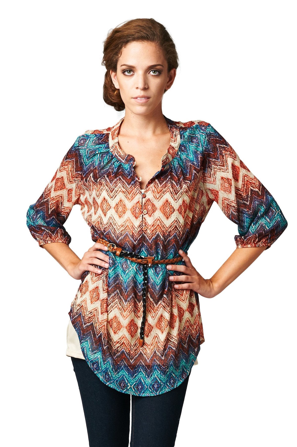 Women's Brown & Teal Geo Stripe Belted Top Tops - Tophatter Daily Deals