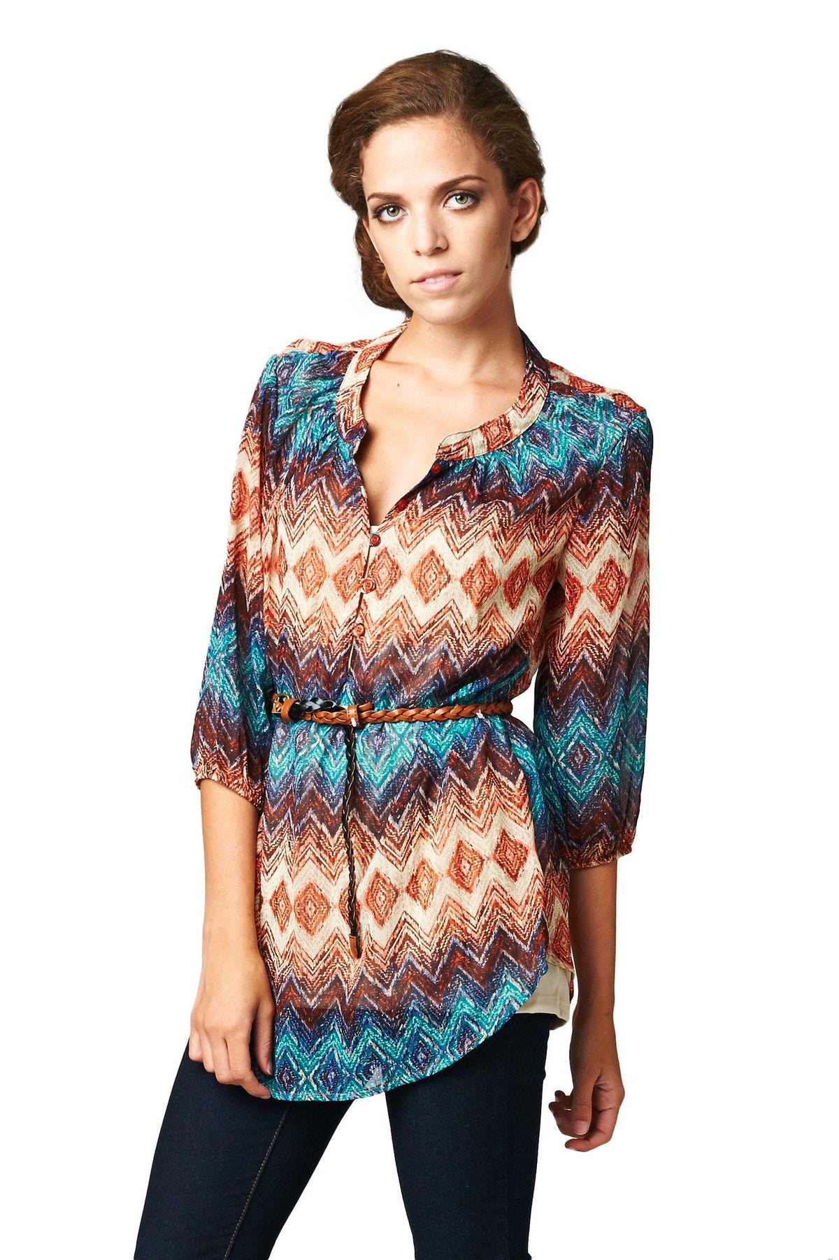 Women's Brown & Teal Geo Stripe Belted Top Tops - Tophatter Daily Deals