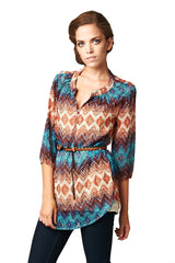 Women's Brown & Teal Geo Stripe Belted Top Tops - Tophatter Daily Deals
