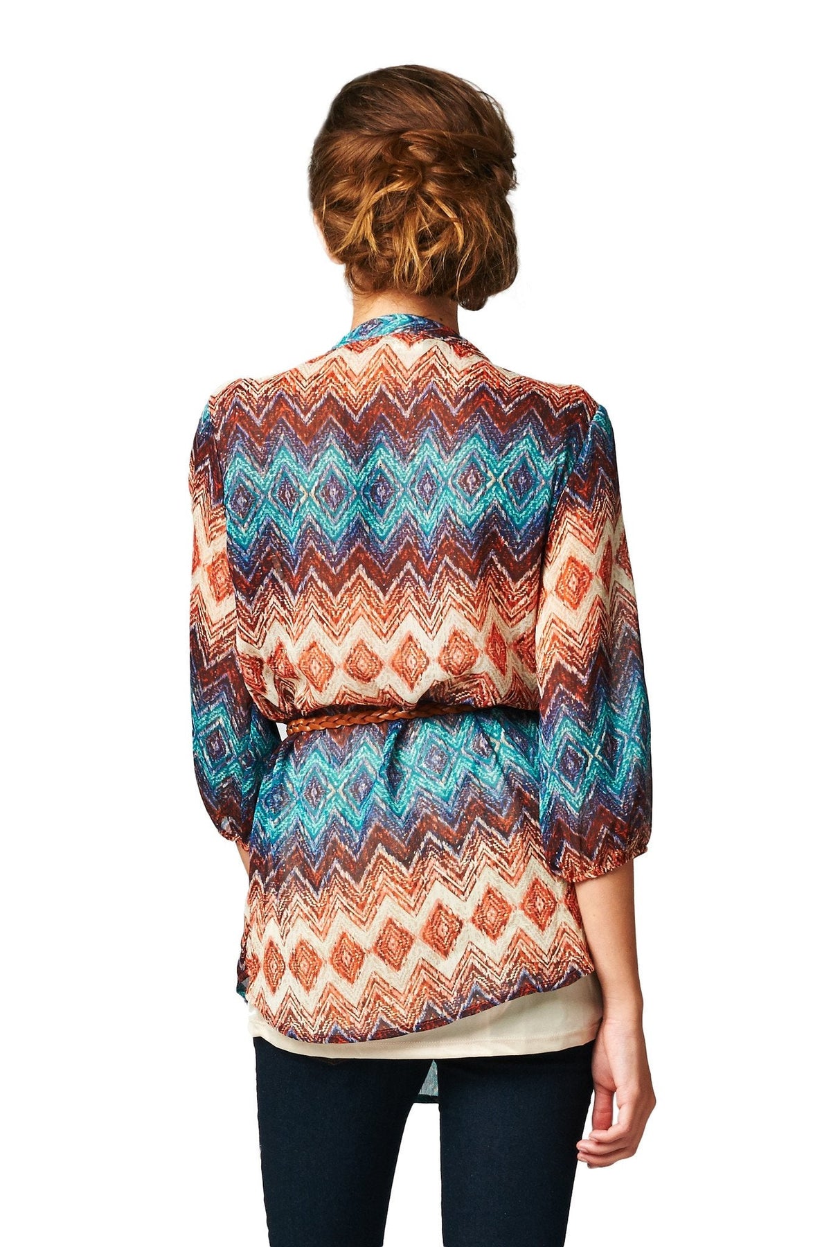 Women's Brown & Teal Geo Stripe Belted Top Tops - Tophatter Daily Deals