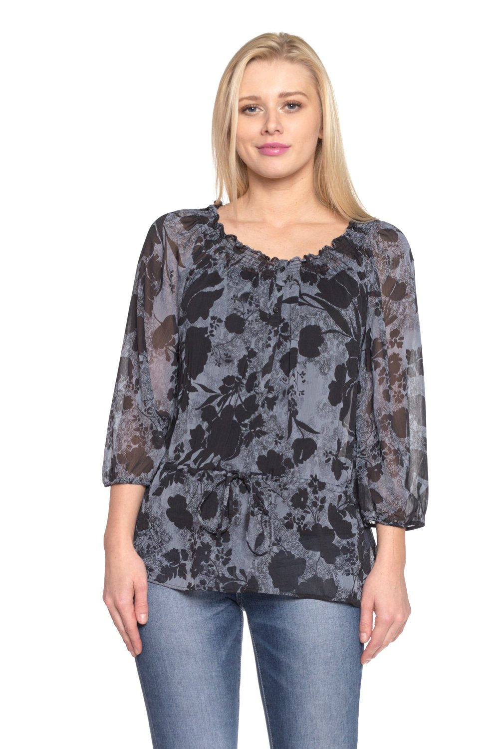 Women's Floral Printed Chiffon Button Front Top with Tank Lining Charcoal Tops - Tophatter Daily Deals