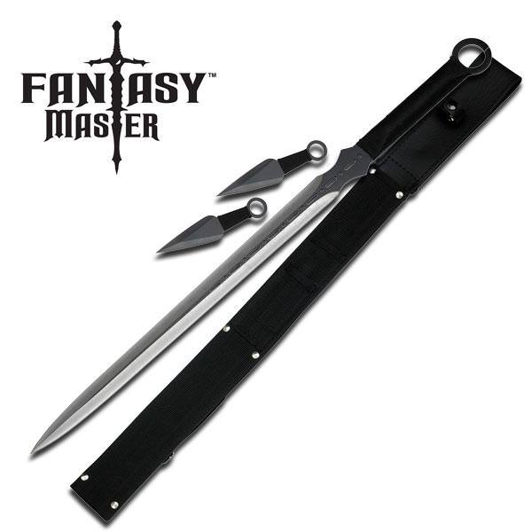 Black Silver Blade Double Edge with 2 Kunai Throwing Knives Ninja Sword Set - Tophatter's Guns'N'Weapons Store Collectible Weapons - Tophatter Daily Deals