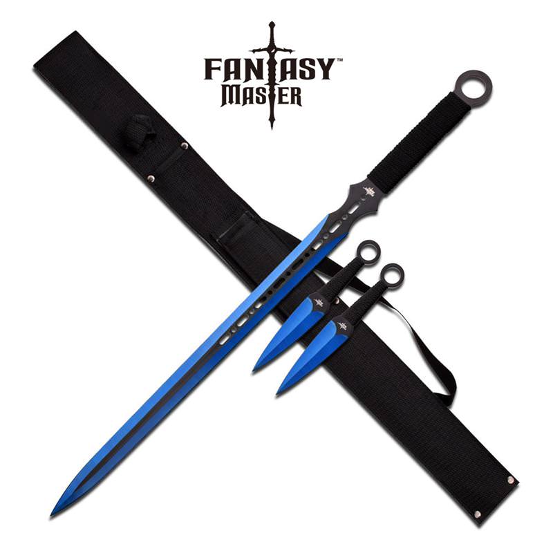 Blue Ninja Sword With Set Of 2 Kunai Throwing Knives Combo Set With Back Belt Sheath Collectible Weapons - Tophatter Daily Deals