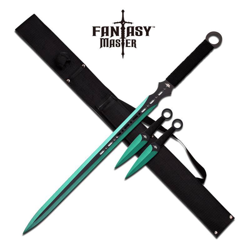 Green Ninja Sword With Set Of 2 Kunai Throwing Knives Combo Set With Back Belt Sheath - Tophatter's Inc. Weapons Store Online Collectible Weapons - Tophatter Daily Deals