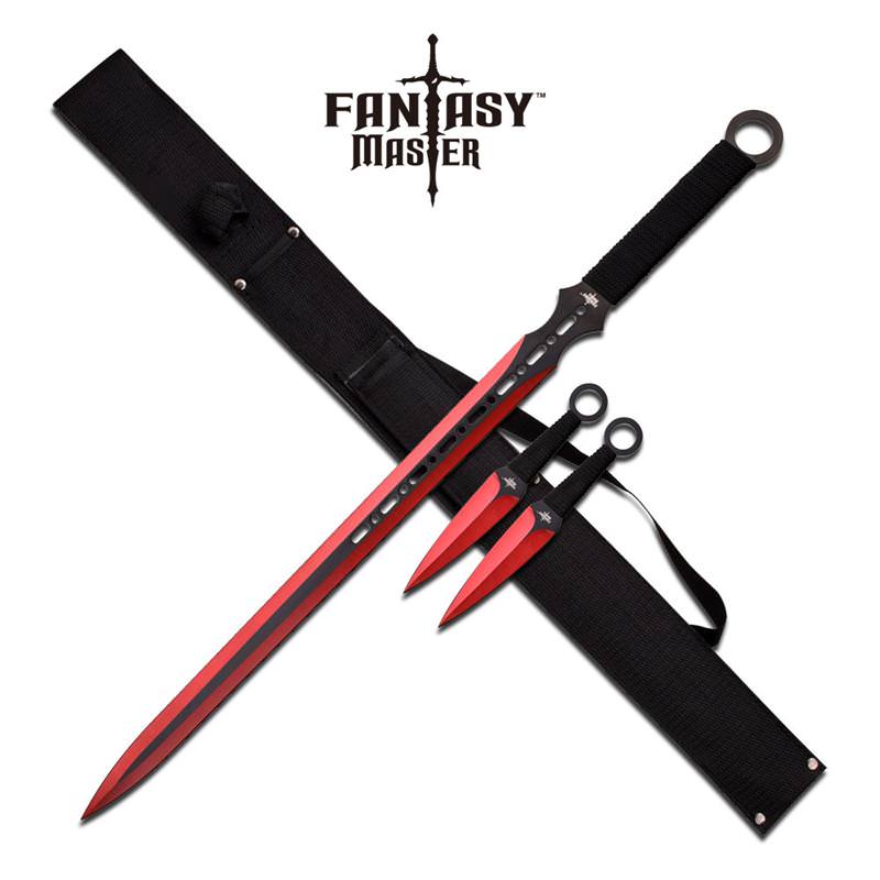 Red Ninja Sword With Set Of 2 Kunai Throwing Knives Combo Set With Back Belt Sheath Collectible Weapons - Tophatter Daily Deals