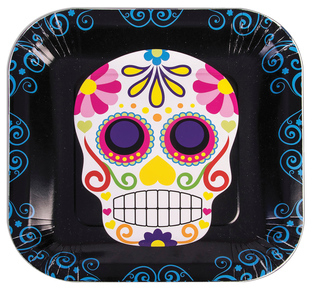 9" Day of the Dead Square Plate - Pack of 8 Halloween & Party Essentials - Tophatter Daily Deals