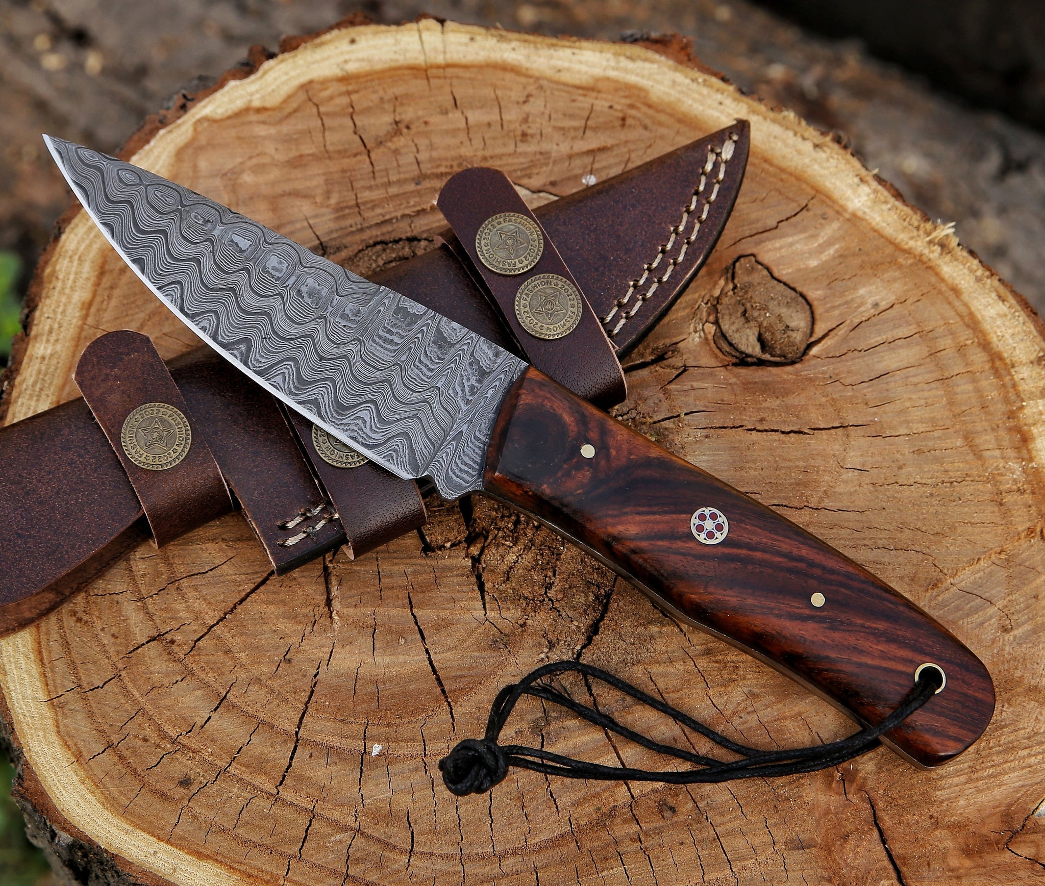 9.6" Damascus Steel Custom Handmade Rose Wood Handle Hunting Skinning Knife - TOPHATTER'S ARMORY DEALS Collectible Weapons - Tophatter Daily Deals