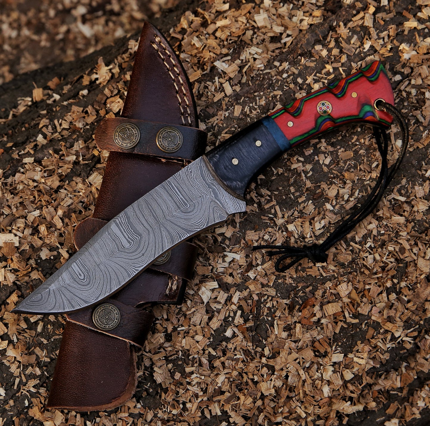 9.5" Damascus Steel Custom Handmade Hunting Knife with Lanyard - TOPHATTER'S ARMORY DEALS Collectible Weapons - Tophatter Daily Deals