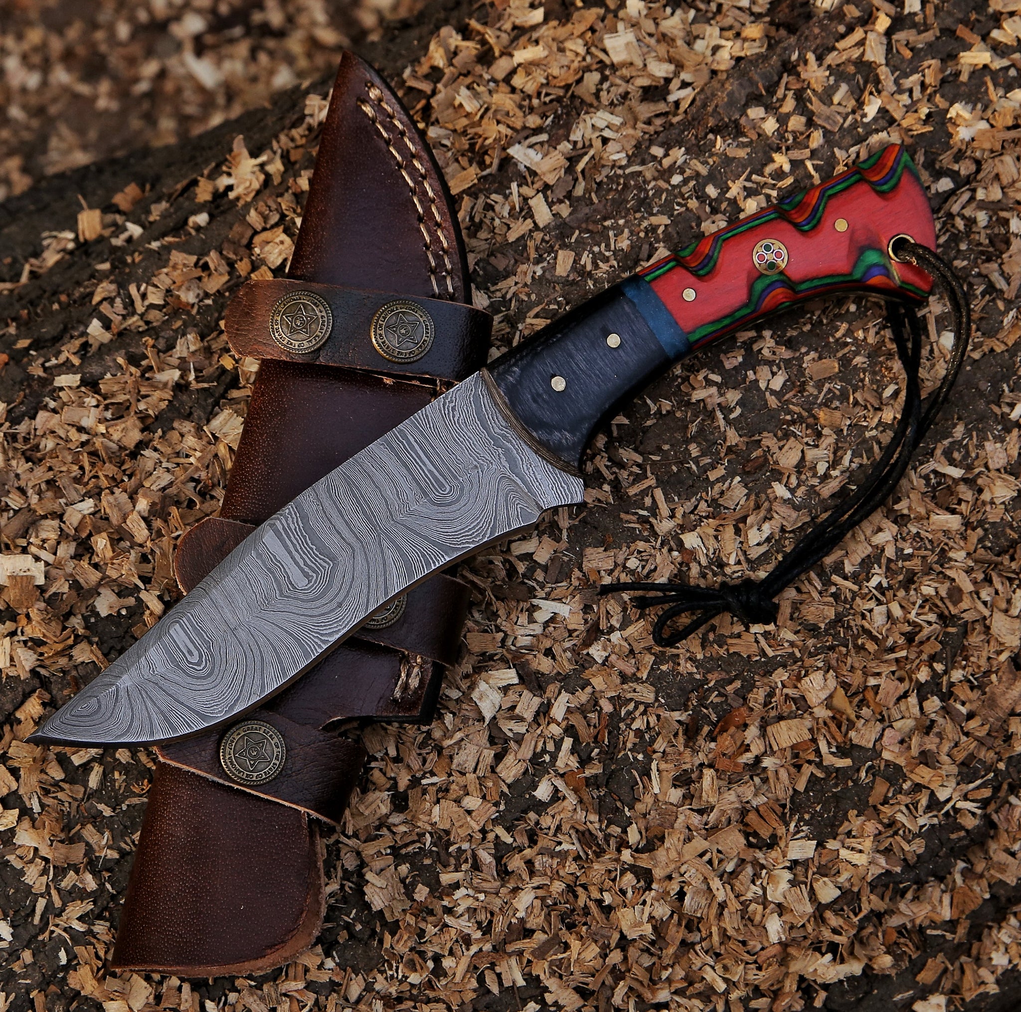 9.5" Damascus Steel Custom Handmade Hunting Knife with Lanyard - TOPHATTER'S ARMORY DEALS Collectible Weapons - Tophatter Daily Deals