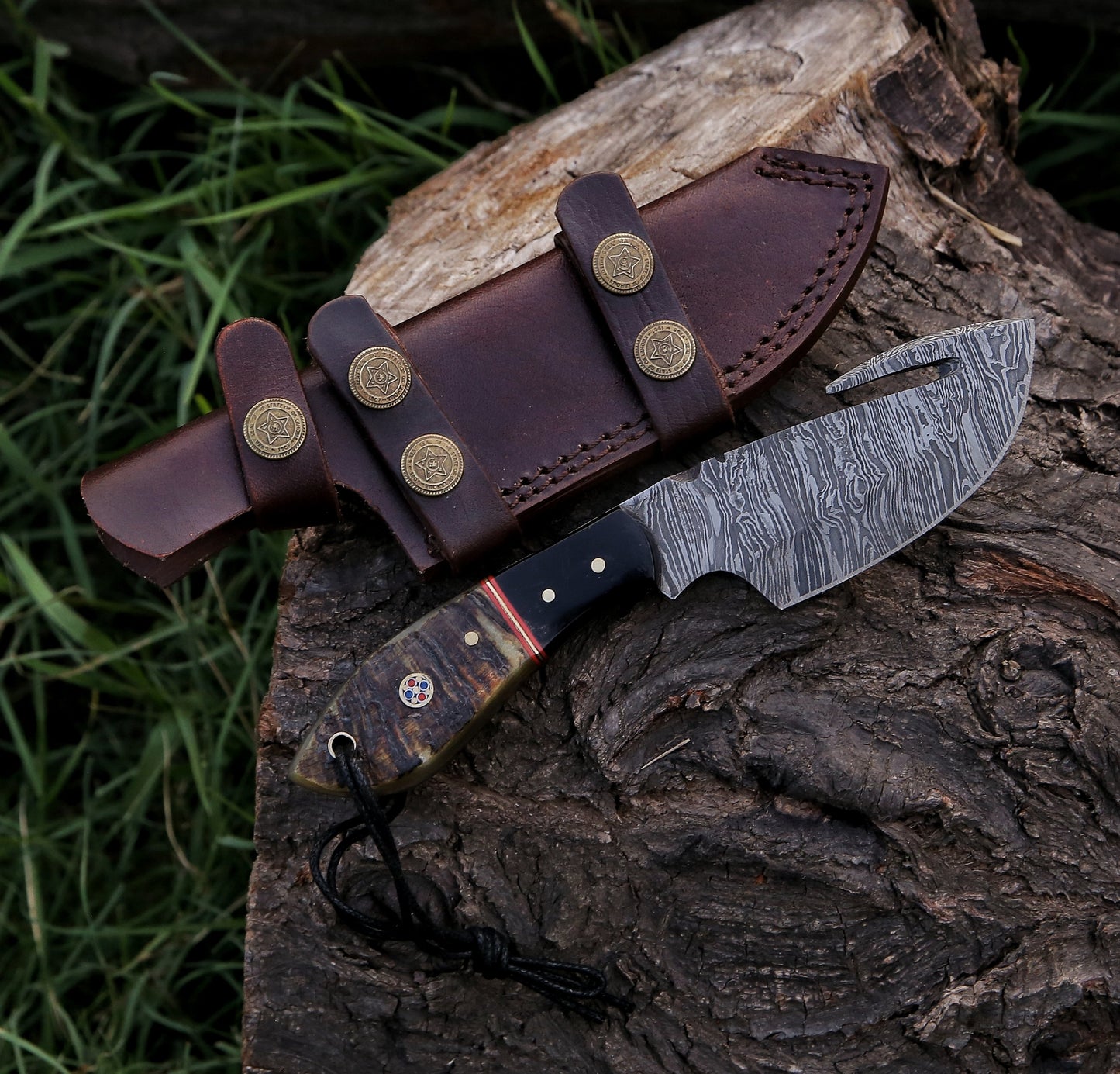 8.25" Damascus Steel Custom Handmade Horn Handle Hunting Gut Hook Knife - TOPHATTER'S ARMORY DEALS Collectible Weapons - Tophatter Daily Deals
