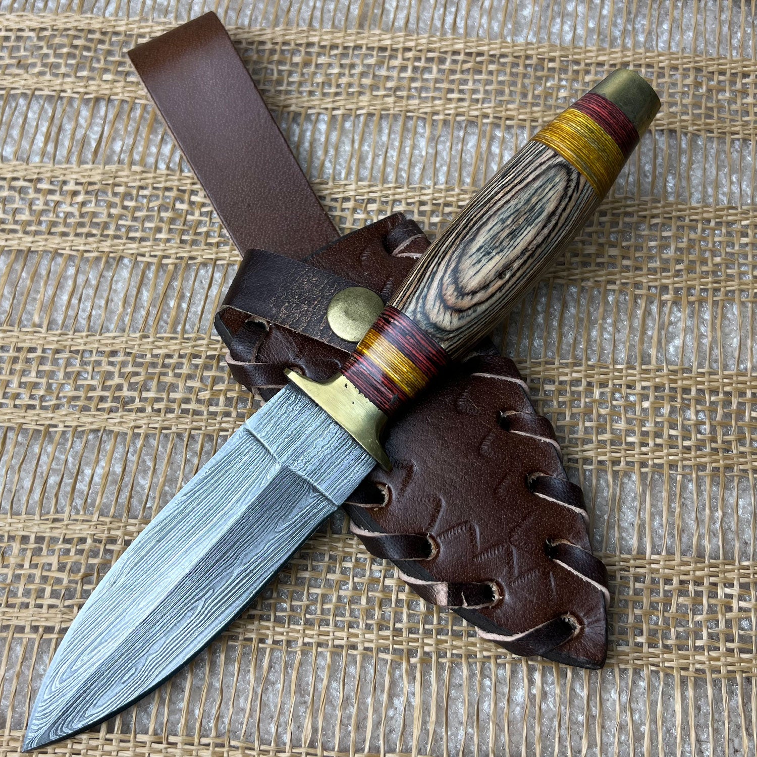 8.5" Damascus Steel Custom Handmade Hunting Double Edge Dagger Knife Collectible Weapons - Tophatter Daily Deals