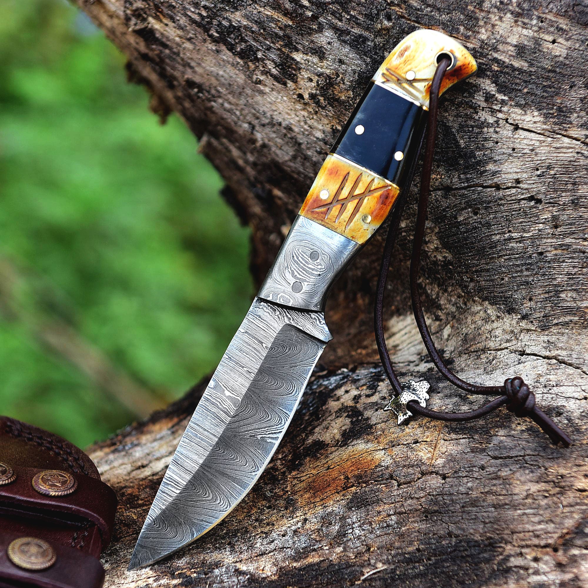 8" Custom Handmade Damascus Steel Hunting Skinning Knife - TOPHATTER'S ARMORY DEALS Collectible Weapons - Tophatter Daily Deals