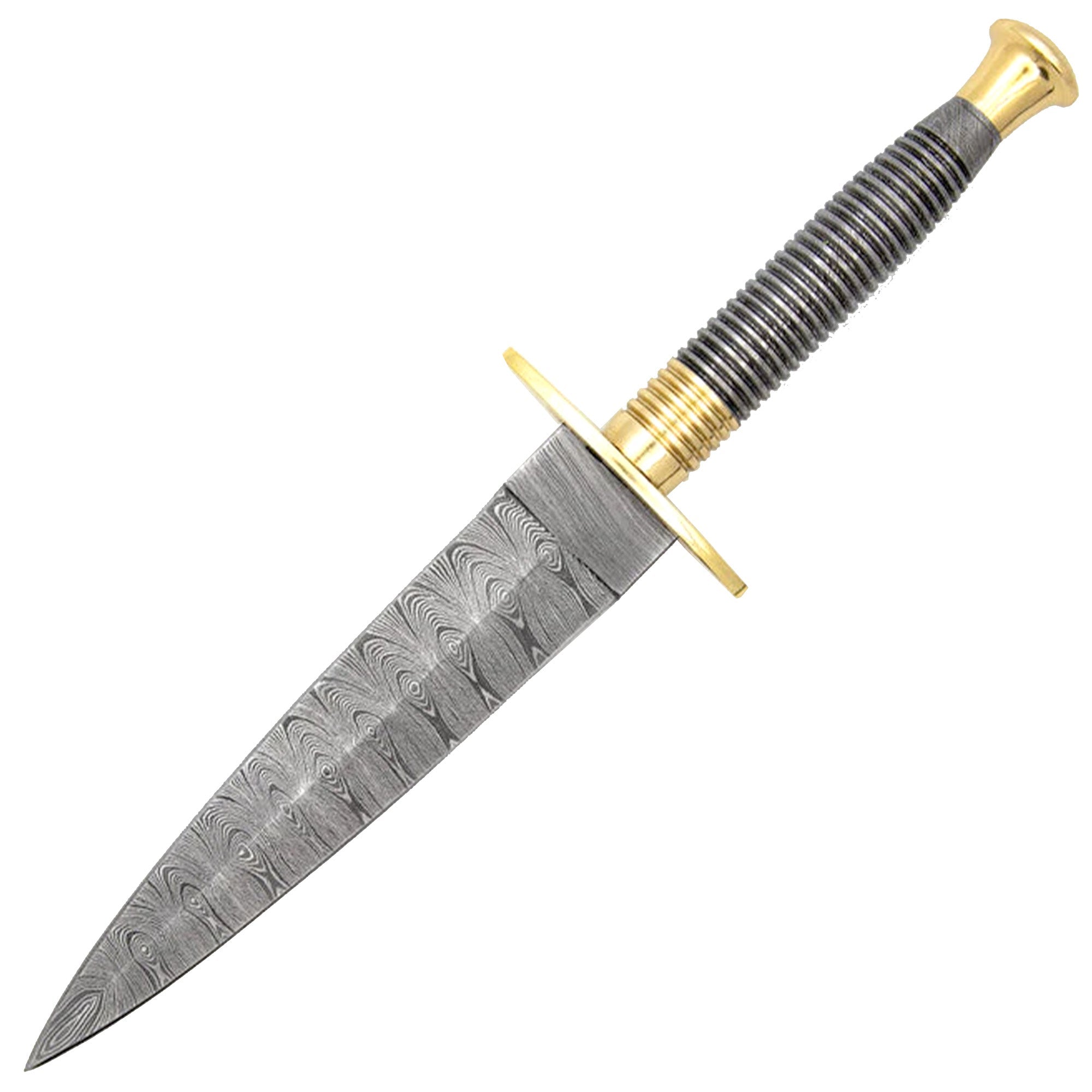 Full Damascus Steel Commando Knife with Brass Fittings and Leather Sheath Knives - Tophatter Daily Deals