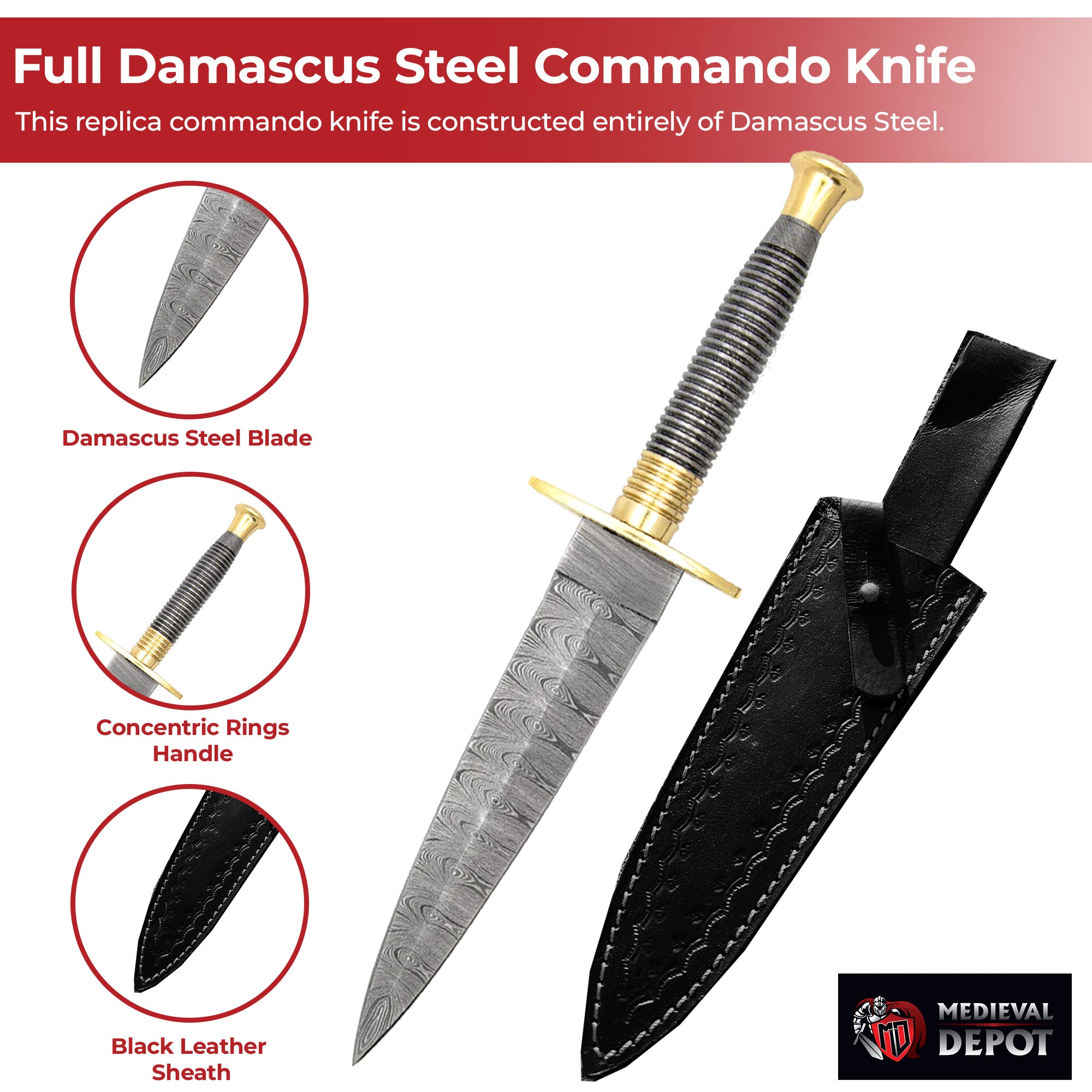 Full Damascus Steel Commando Knife with Brass Fittings and Leather Sheath Knives - Tophatter Daily Deals