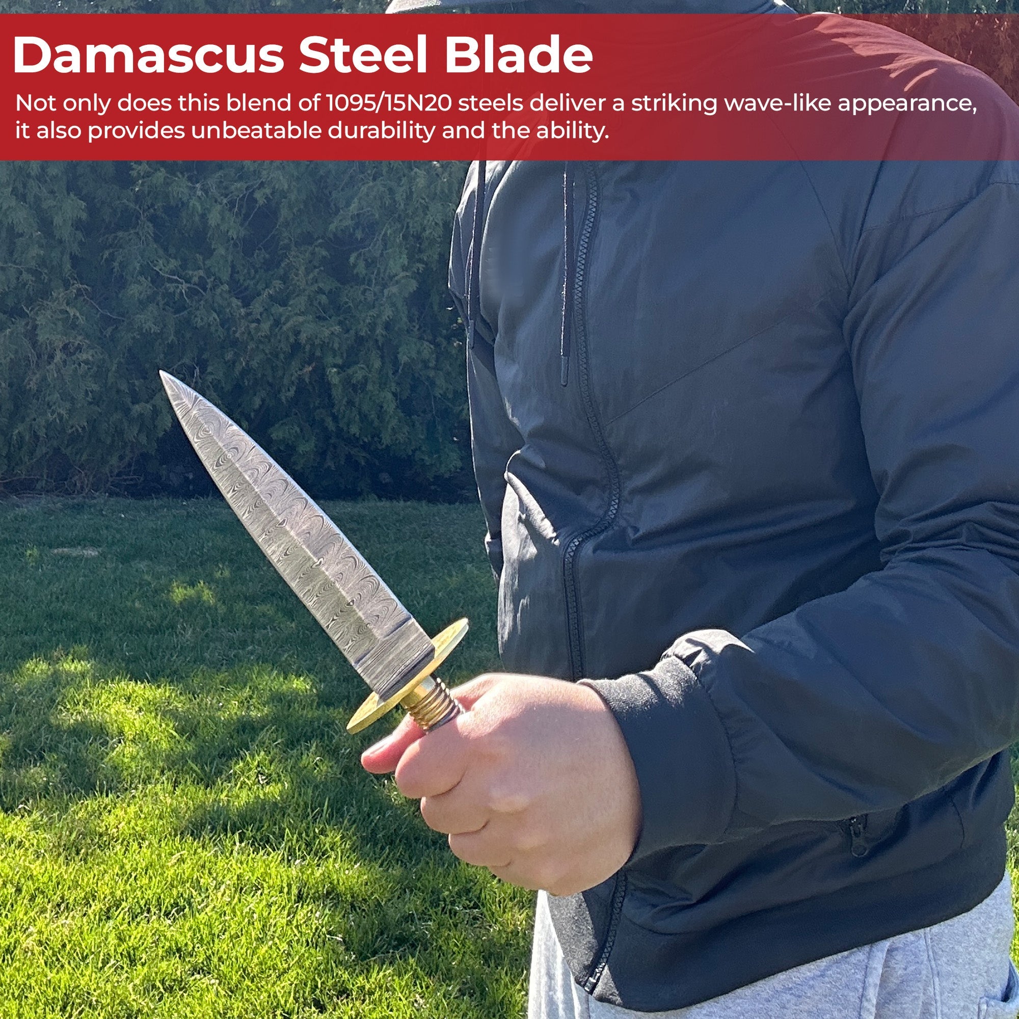 Full Damascus Steel Commando Knife with Brass Fittings and Leather Sheath Knives - Tophatter Daily Deals