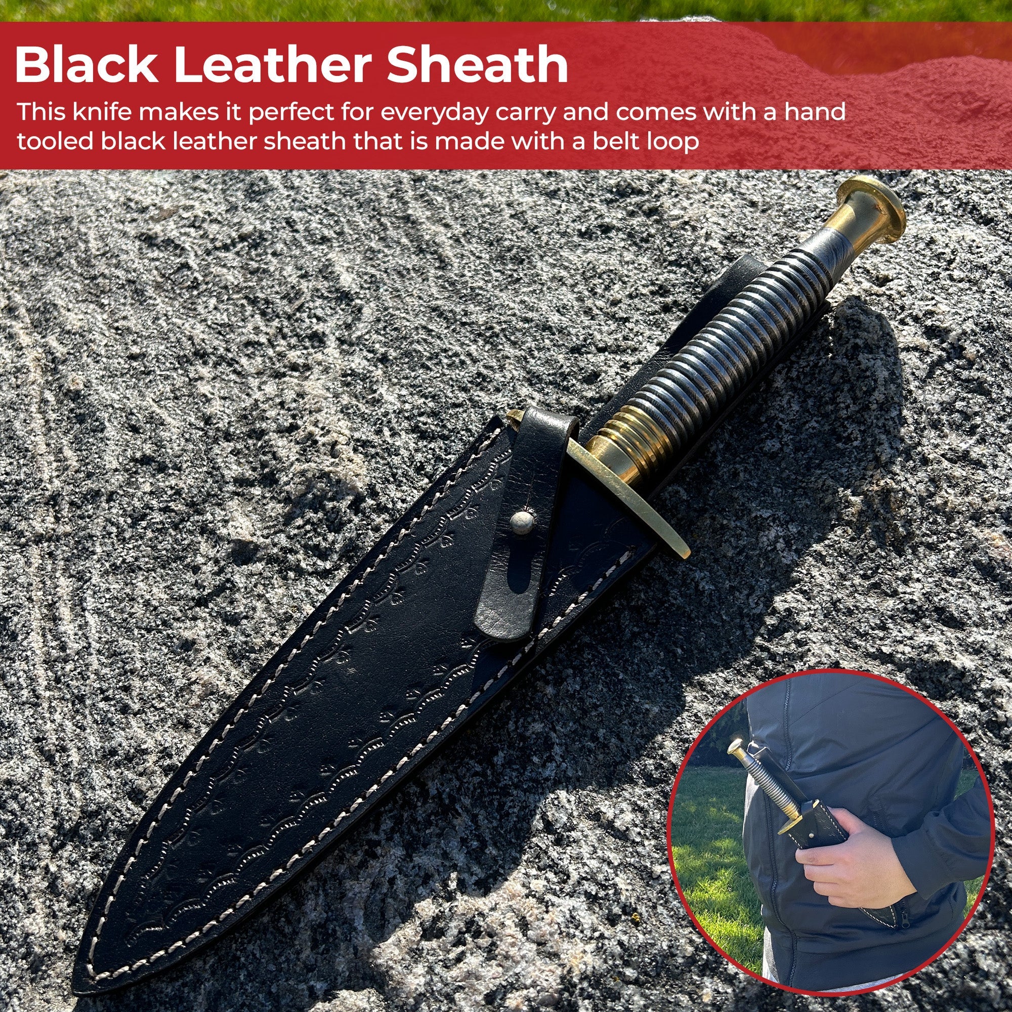 Full Damascus Steel Commando Knife with Brass Fittings and Leather Sheath Knives - Tophatter Daily Deals
