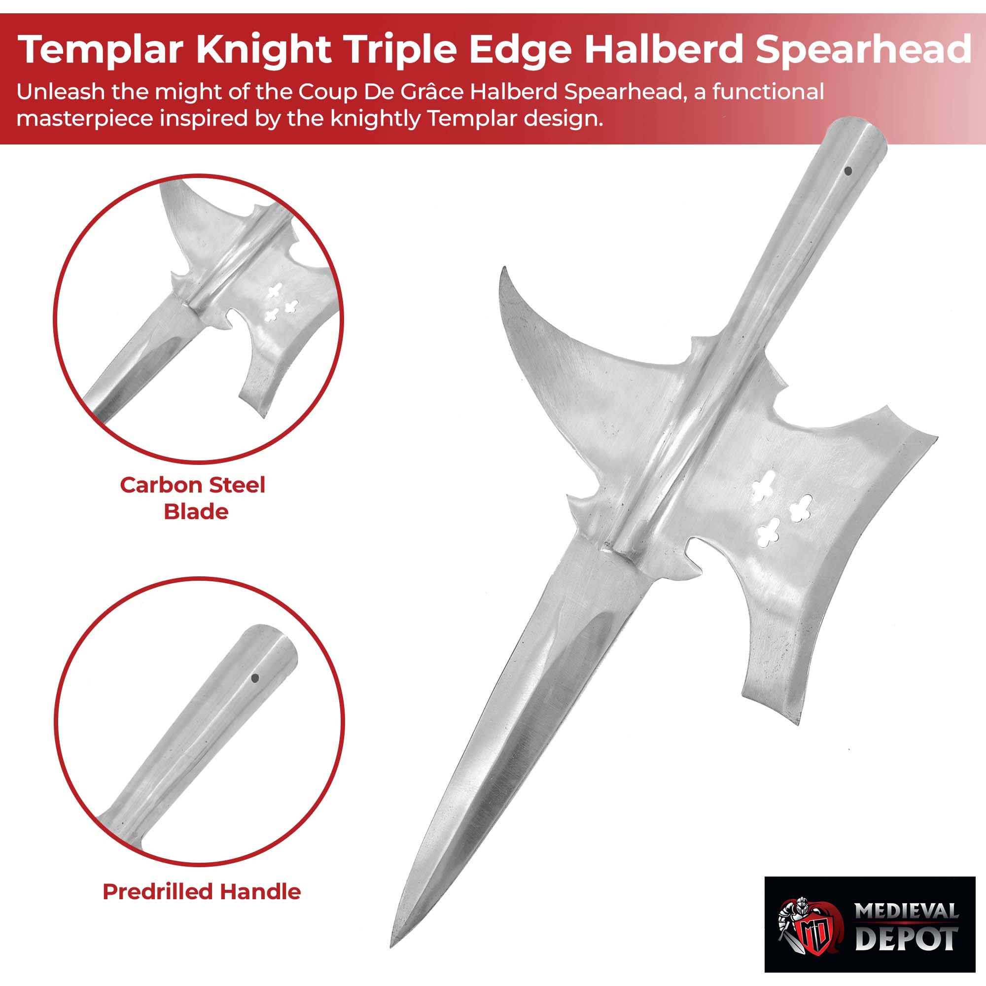 Functional Templar Knight Triple Edge Medieval Halberd Spearhead Knives - Tophatter Daily Deals