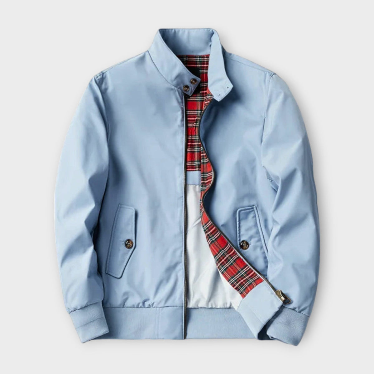 Lightweight Mens Bomber Jacket - Stand Collar, Plaid Lining Light Blue - Tophatter Daily Deals