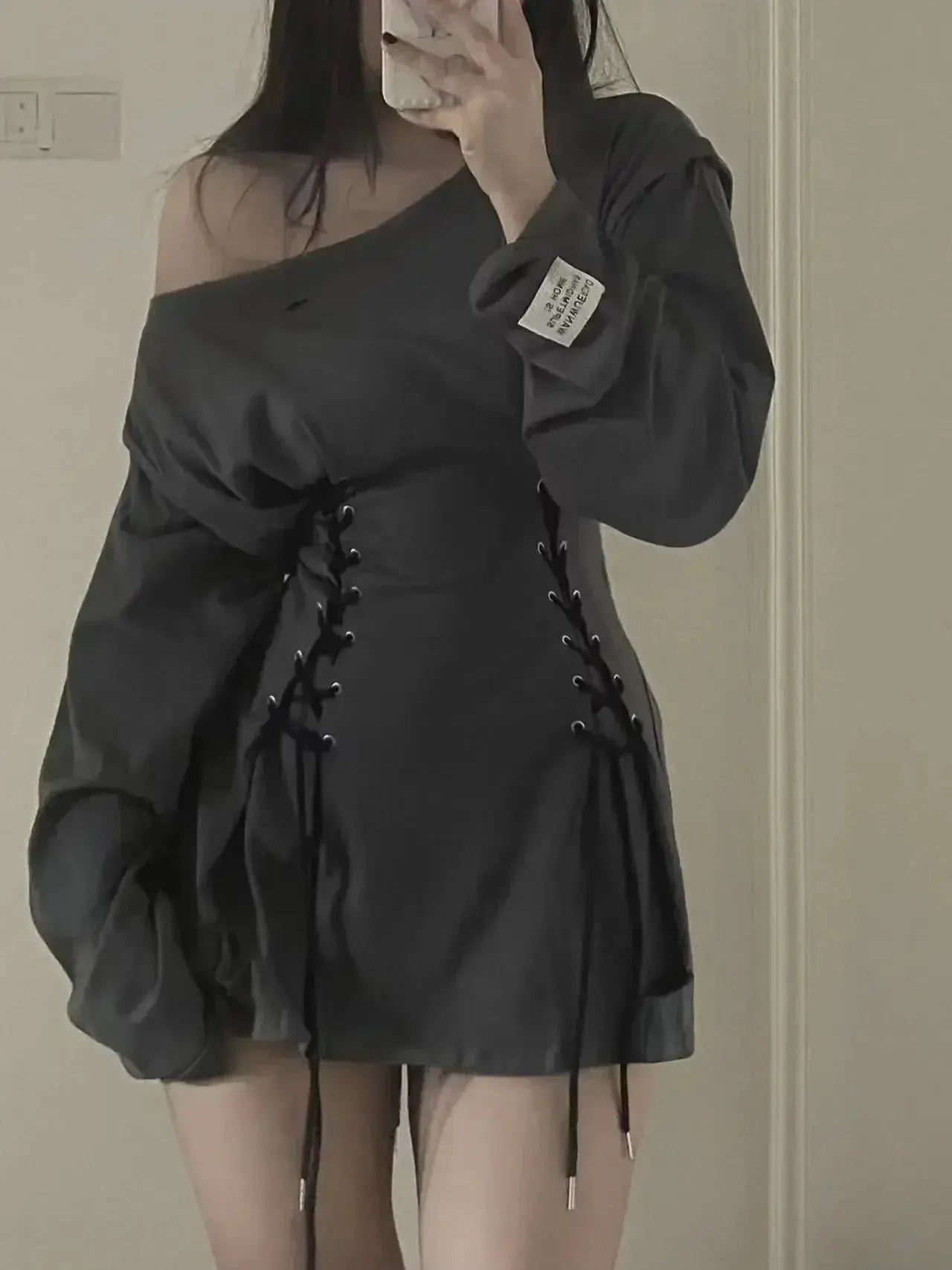 Fairycore Grunge Corset Dress Long Sleeve Women Aesthetic Y2k Fairy Goth Clothes Kawaii Bandage Bodycon Dresses Spring Autumn - Tophatter Daily Deals