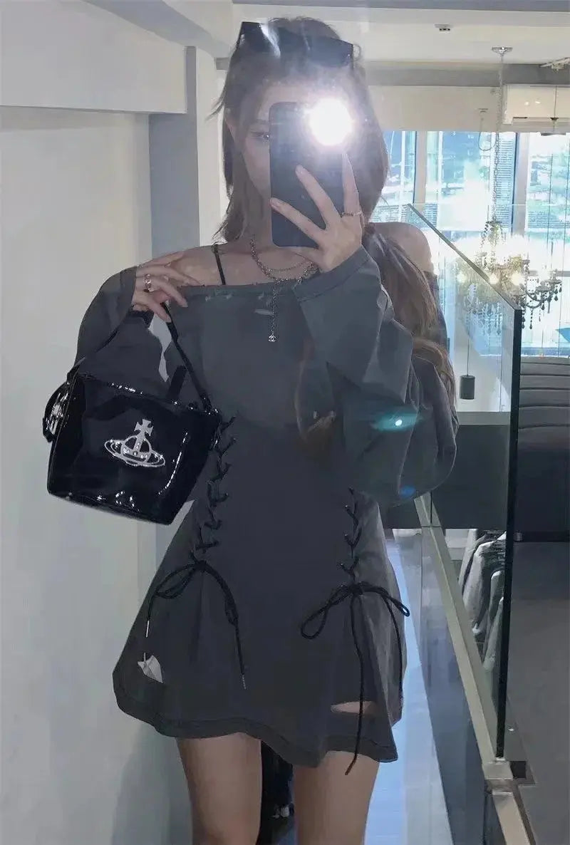 Fairycore Grunge Corset Dress Long Sleeve Women Aesthetic Y2k Fairy Goth Clothes Kawaii Bandage Bodycon Dresses Spring Autumn - Tophatter Daily Deals