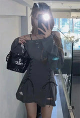 Fairycore Grunge Corset Dress Long Sleeve Women Aesthetic Y2k Fairy Goth Clothes Kawaii Bandage Bodycon Dresses Spring Autumn - Tophatter Daily Deals