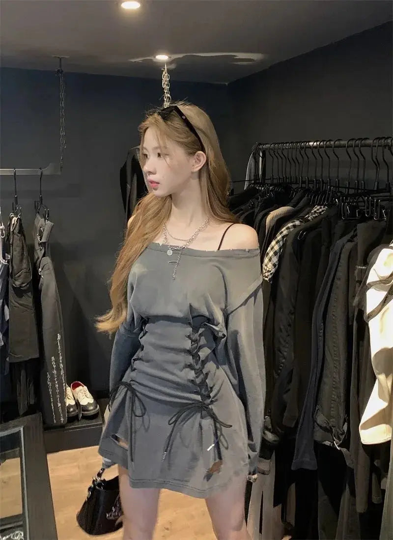 Fairycore Grunge Corset Dress Long Sleeve Women Aesthetic Y2k Fairy Goth Clothes Kawaii Bandage Bodycon Dresses Spring Autumn - Tophatter Daily Deals