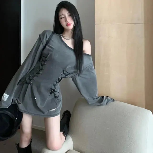 Fairycore Grunge Corset Dress Long Sleeve Women Aesthetic Y2k Fairy Goth Clothes Kawaii Bandage Bodycon Dresses Spring Autumn - Tophatter Daily Deals