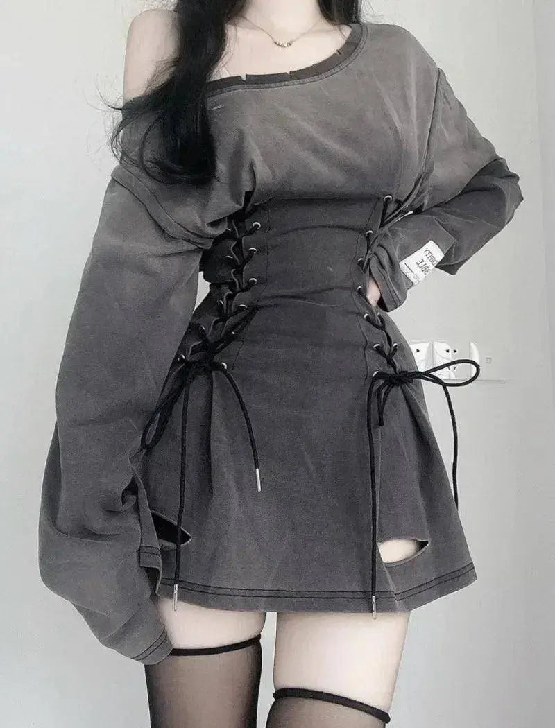 Fairycore Grunge Corset Dress Long Sleeve Women Aesthetic Y2k Fairy Goth Clothes Kawaii Bandage Bodycon Dresses Spring Autumn - Tophatter Daily Deals