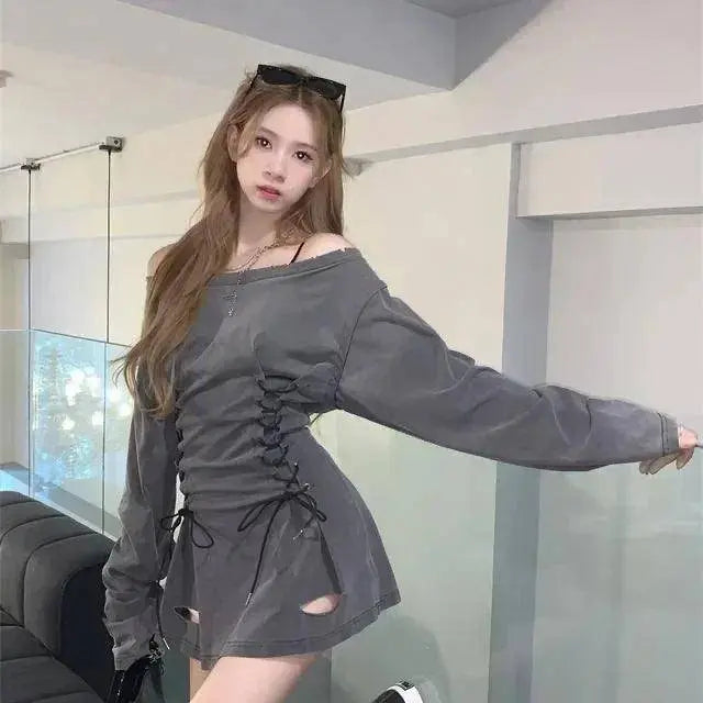 Fairycore Grunge Corset Dress Long Sleeve Women Aesthetic Y2k Fairy Goth Clothes Kawaii Bandage Bodycon Dresses Spring Autumn - Tophatter Daily Deals
