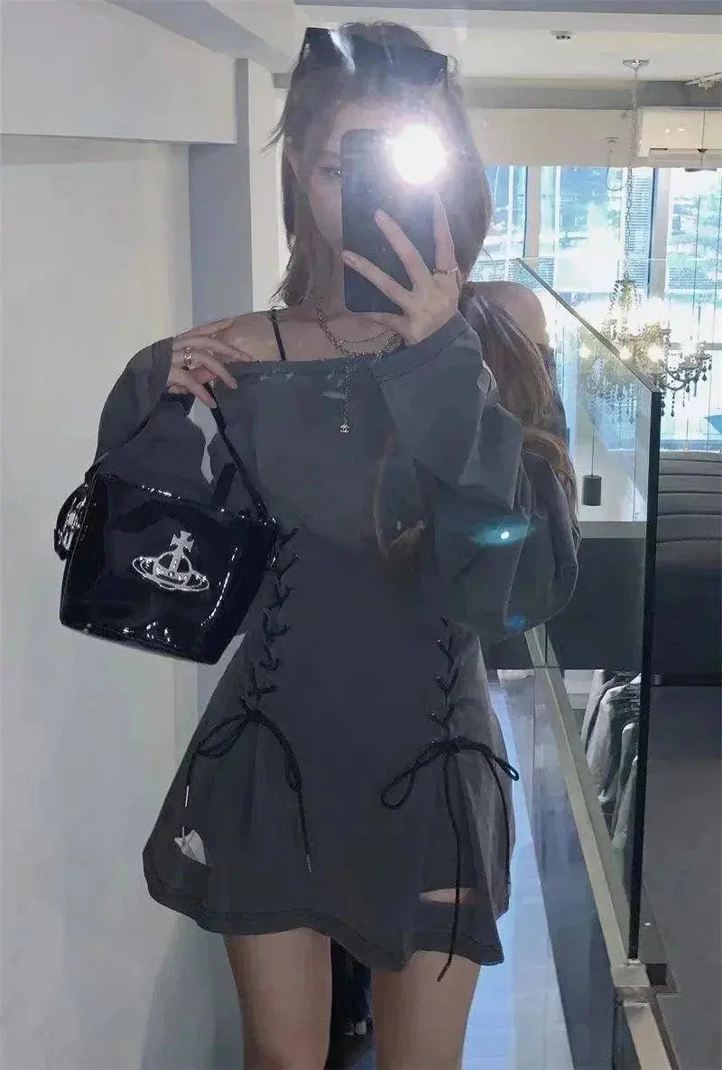 Fairycore Grunge Corset Dress Long Sleeve Women Aesthetic Y2k Fairy Goth Clothes Kawaii Bandage Bodycon Dresses Spring Autumn - Tophatter Daily Deals