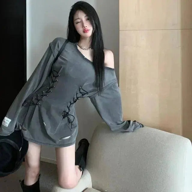 Fairycore Grunge Corset Dress Long Sleeve Women Aesthetic Y2k Fairy Goth Clothes Kawaii Bandage Bodycon Dresses Spring Autumn - Tophatter Daily Deals