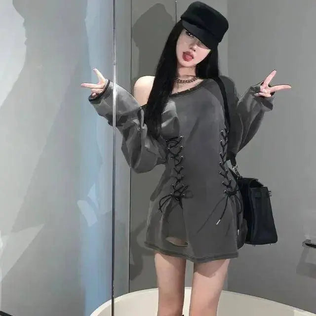 Fairycore Grunge Corset Dress Long Sleeve Women Aesthetic Y2k Fairy Goth Clothes Kawaii Bandage Bodycon Dresses Spring Autumn GRAY - Tophatter Daily Deals