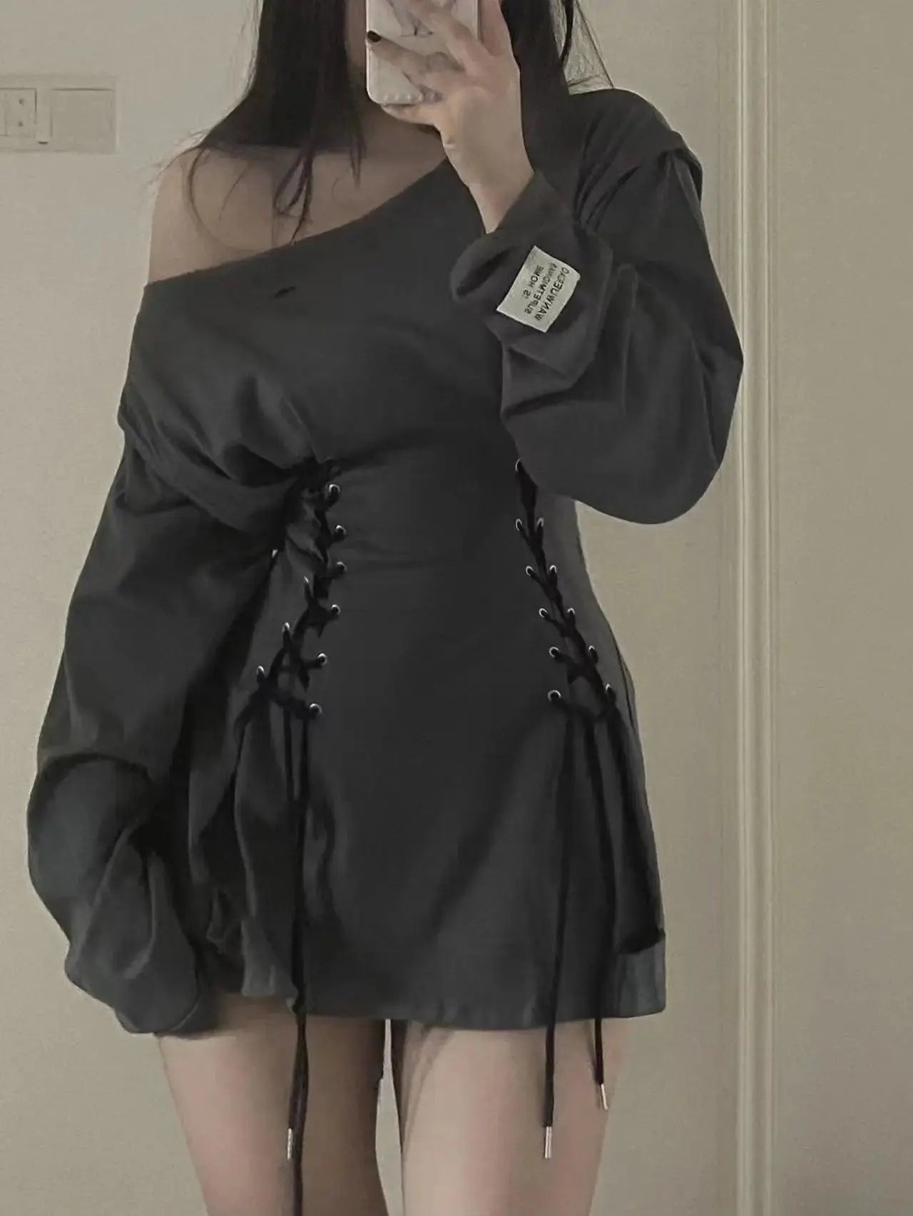 Fairycore Grunge Corset Dress Long Sleeve Women Aesthetic Y2k Fairy Goth Clothes Kawaii Bandage Bodycon Dresses Spring Autumn - Tophatter Daily Deals