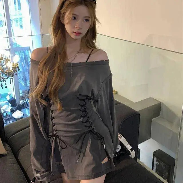 Fairycore Grunge Corset Dress Long Sleeve Women Aesthetic Y2k Fairy Goth Clothes Kawaii Bandage Bodycon Dresses Spring Autumn - Tophatter Daily Deals