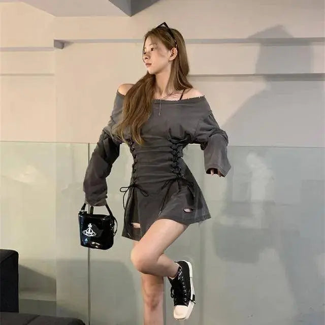 Fairycore Grunge Corset Dress Long Sleeve Women Aesthetic Y2k Fairy Goth Clothes Kawaii Bandage Bodycon Dresses Spring Autumn - Tophatter Daily Deals