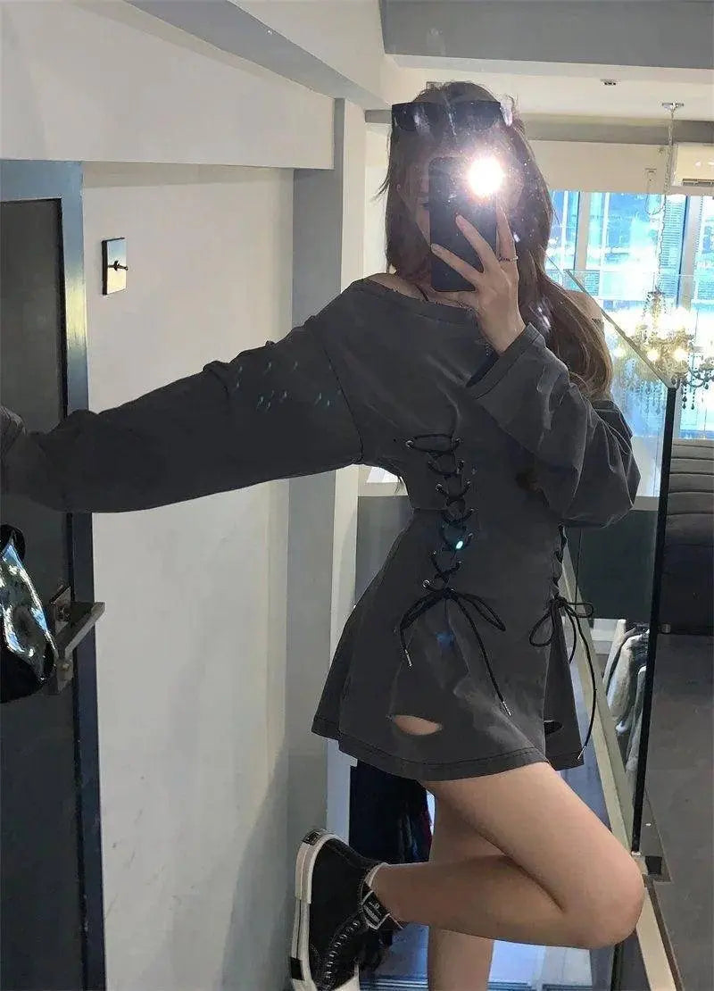 Fairycore Grunge Corset Dress Long Sleeve Women Aesthetic Y2k Fairy Goth Clothes Kawaii Bandage Bodycon Dresses Spring Autumn - Tophatter Daily Deals