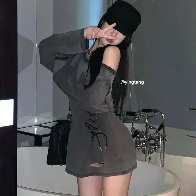 Fairycore Grunge Corset Dress Long Sleeve Women Aesthetic Y2k Fairy Goth Clothes Kawaii Bandage Bodycon Dresses Spring Autumn - Tophatter Daily Deals