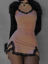 Fairycore Y2K Pink Dress Women Sexy E-Girl Lace Patchwork Pink clothing - Tophatter Daily Deals