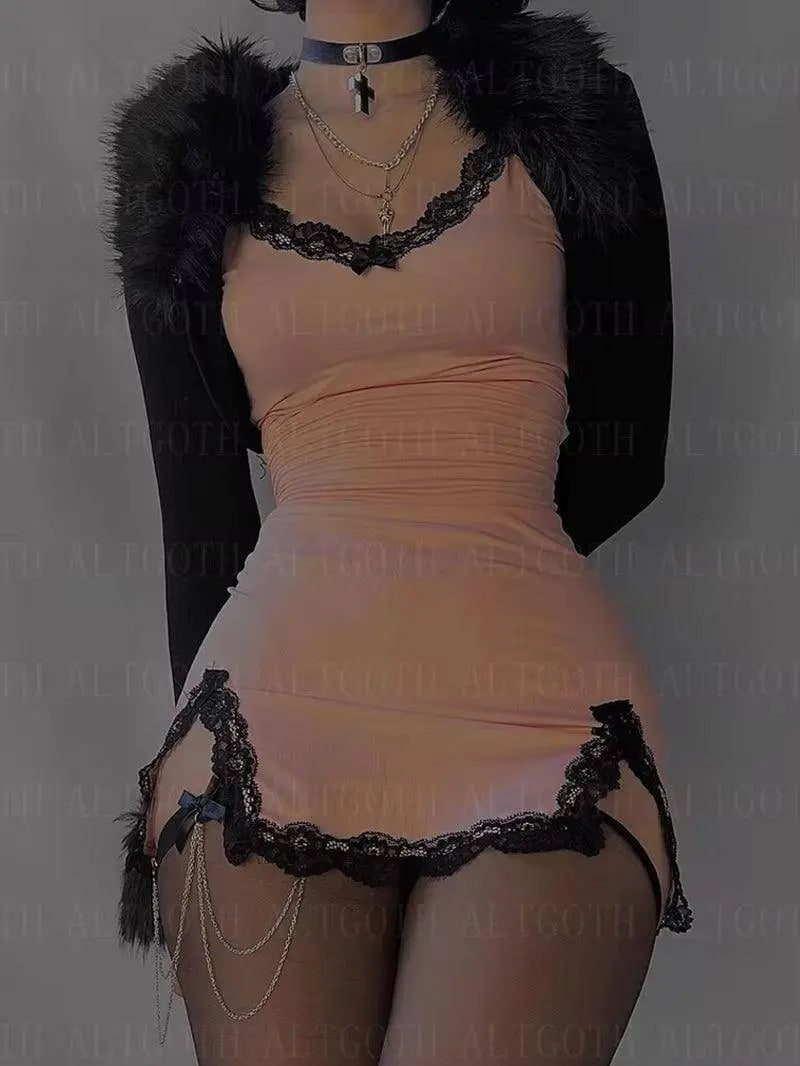 Fairycore Y2K Pink Dress Women Sexy E-Girl Lace Patchwork clothing - Tophatter Daily Deals