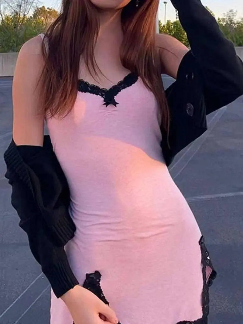 Fairycore Y2K Pink Dress Women Sexy E-Girl Lace Patchwork clothing - Tophatter Daily Deals