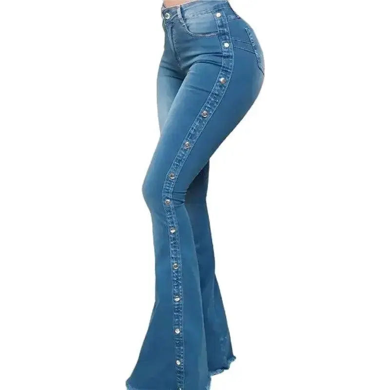 Fashion Side Studded Buckle Decoration Flared Jeans Women Wide Leg Trousers High Waist Denim Pants Daily Casual Chic Streetwear - Tophatter Daily Deals