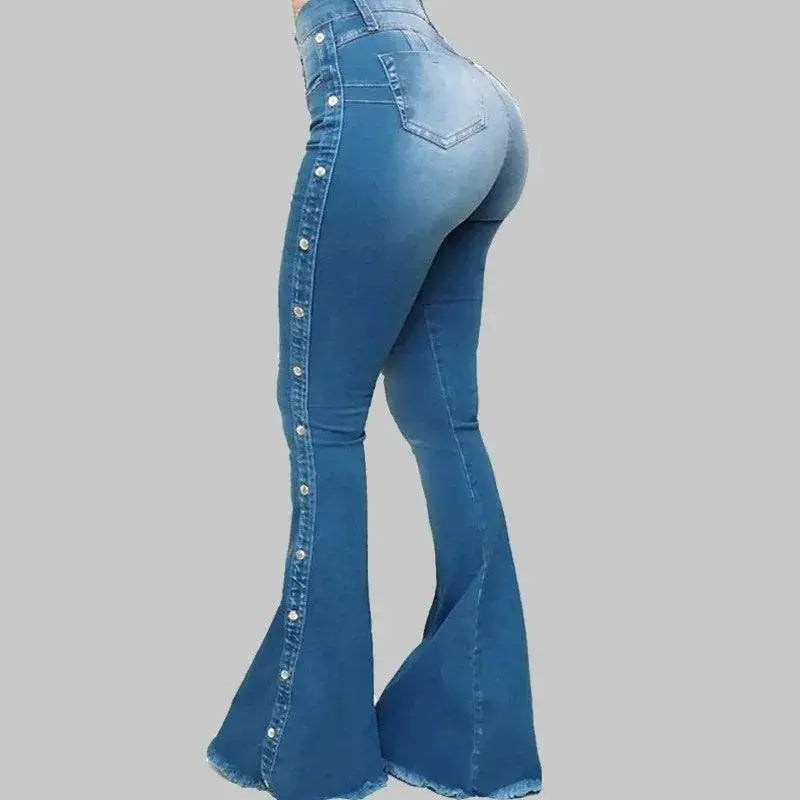 Fashion Side Studded Buckle Decoration Flared Jeans Women Wide Leg Trousers High Waist Denim Pants Daily Casual Chic Streetwear - Tophatter Daily Deals