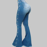 Fashion Side Studded Buckle Decoration Flared Jeans Women Wide Leg Trousers High Waist Denim Pants Daily Casual Chic Streetwear - Tophatter Daily Deals