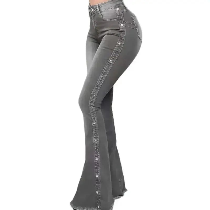 Fashion Side Studded Buckle Decoration Flared Jeans Women Wide Leg Trousers High Waist Denim Pants Daily Casual Chic Streetwear - Tophatter Daily Deals