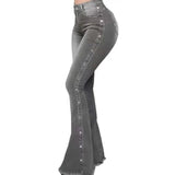 Fashion Side Studded Buckle Decoration Flared Jeans Women Wide Leg Trousers High Waist Denim Pants Daily Casual Chic Streetwear - Tophatter Daily Deals