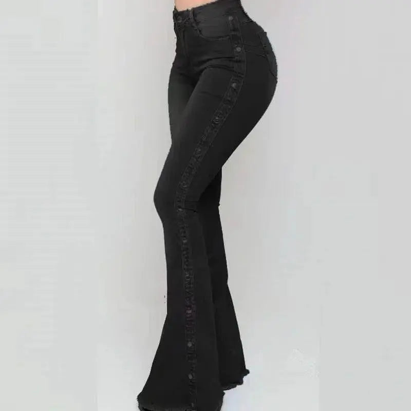 Fashion Side Studded Buckle Decoration Flared Jeans Women Wide Leg Trousers High Waist Denim Pants Daily Casual Chic Streetwear black - Tophatter Daily Deals