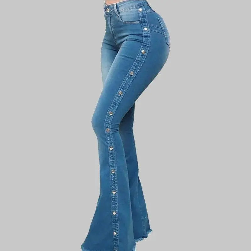 Fashion Side Studded Buckle Decoration Flared Jeans Women Wide Leg Trousers High Waist Denim Pants Daily Casual Chic Streetwear - Tophatter Daily Deals
